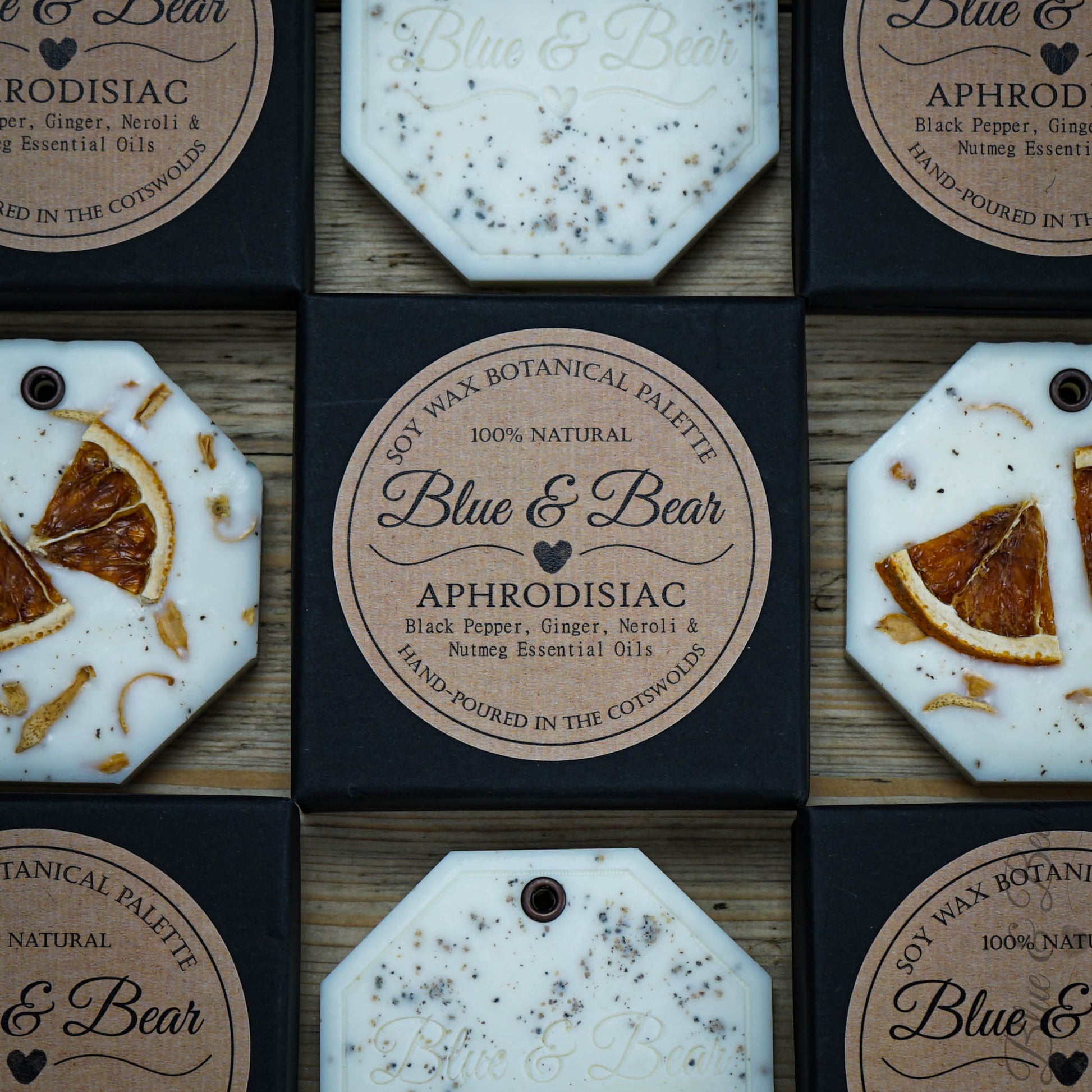 Close-up view Natural Soy Wax Botanical Palette APHRODISIAC - Pepper, Neroli, Ginger, Nutmeg - intoxicating and sensual