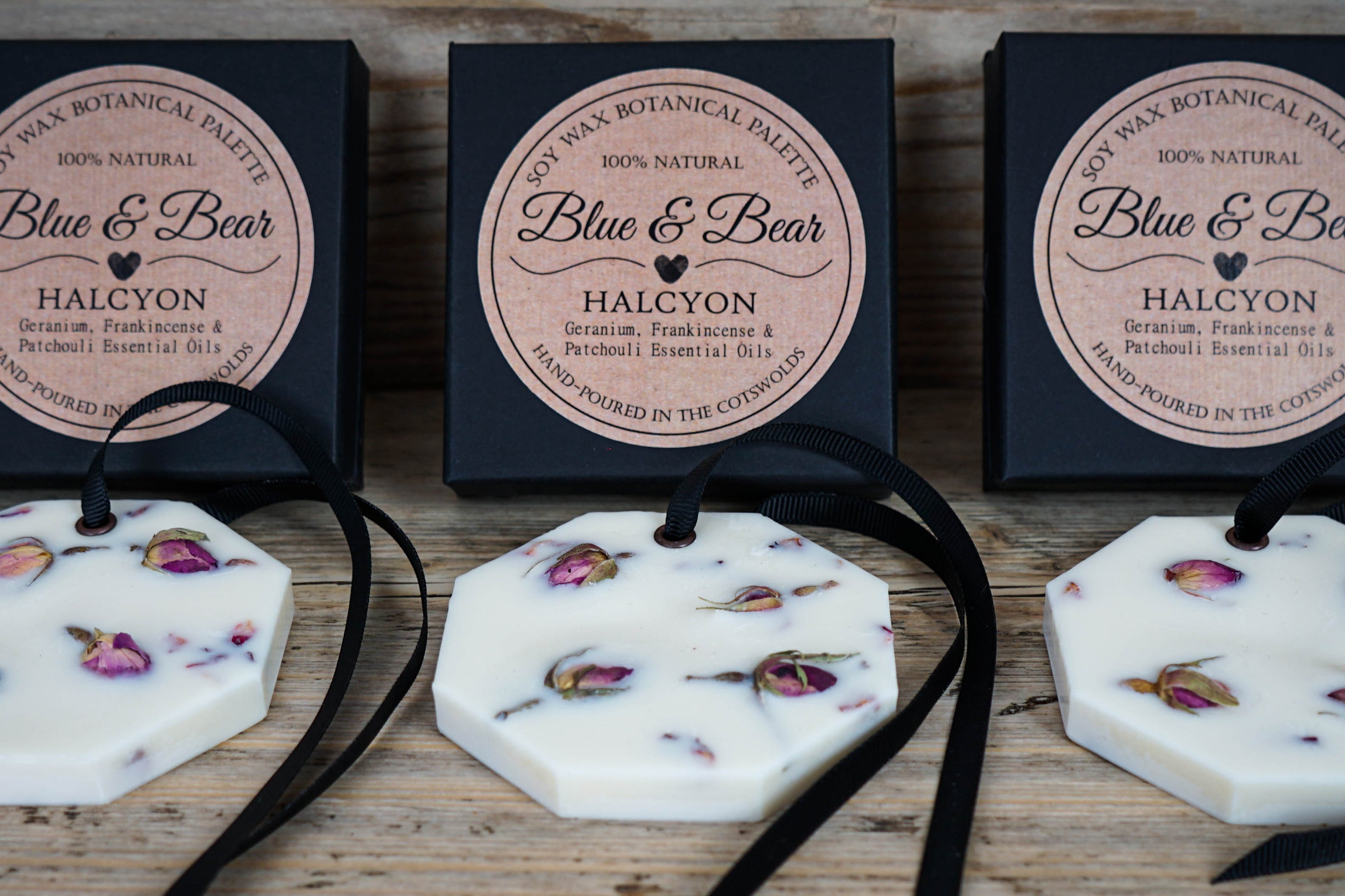 3 individual essential oil Botanical Palette HALCYON - Frankincense, Geranium, and Patchouli  - calming and tranquil