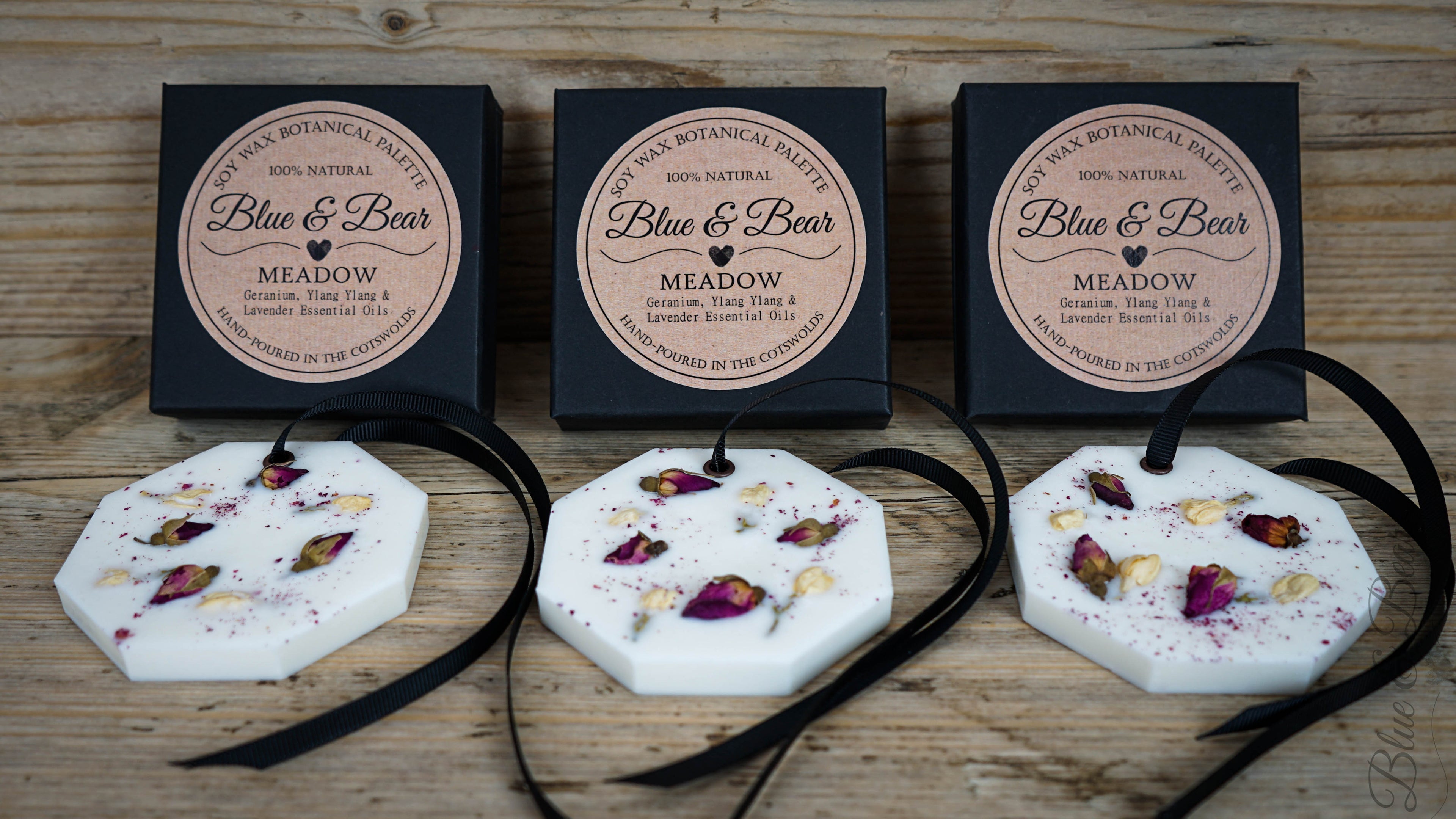 3 individual Natural Soy Wax Botanical Palette MEADOW - Geranium, Lavender, Ylang Ylang - peaceful and uplifting