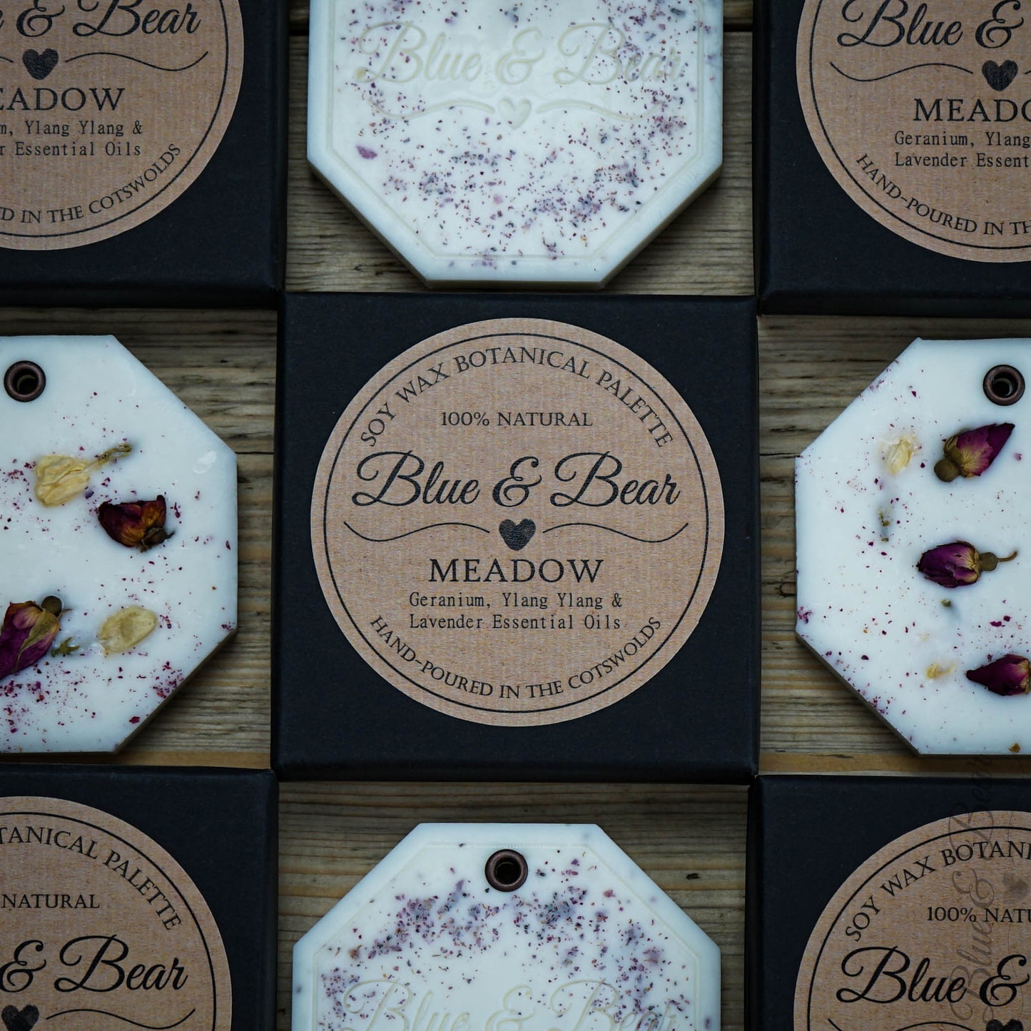 Close-up view Natural Soy Wax Botanical Palette MEADOW - Geranium, Lavender, Ylang Ylang - peaceful and uplifting