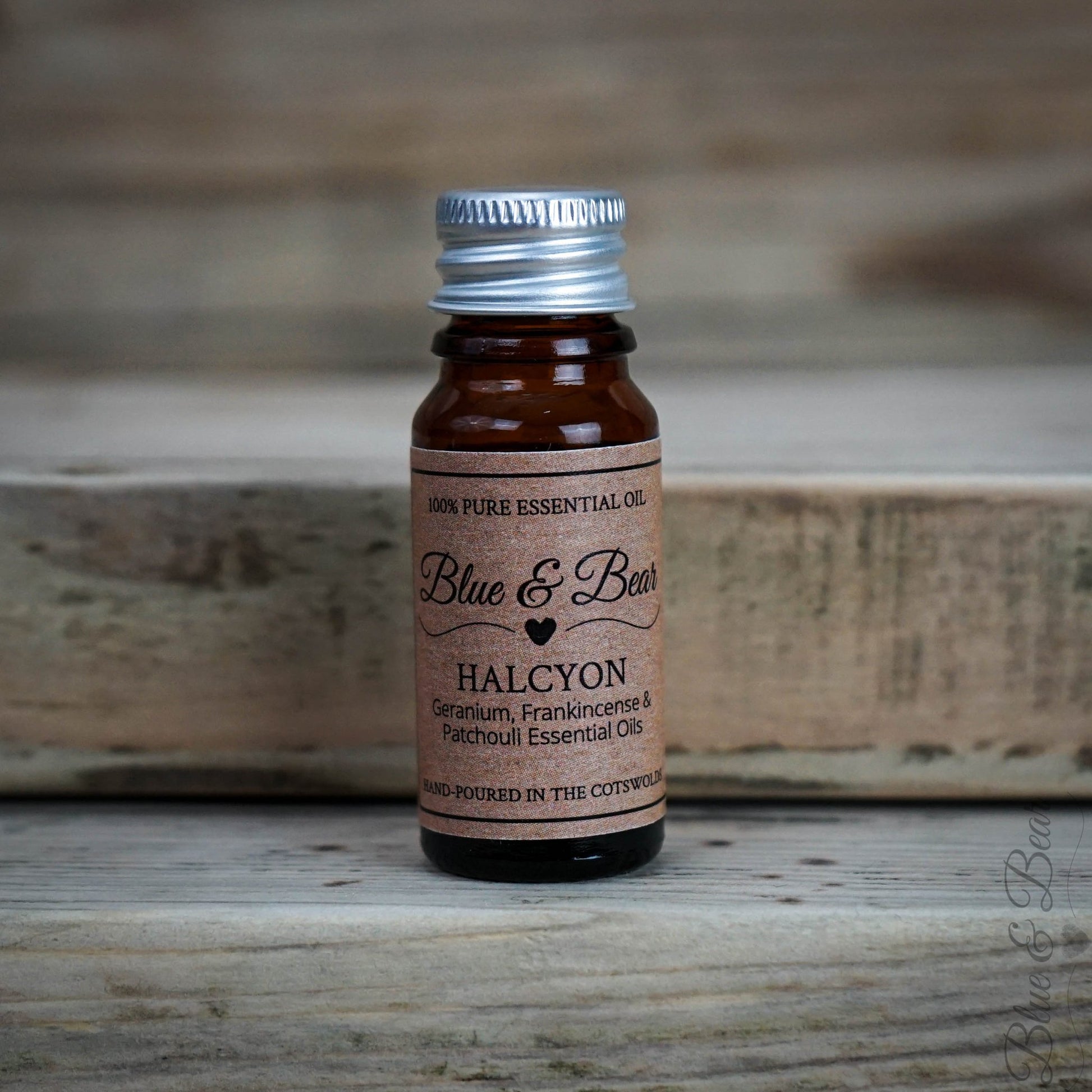 10g Dropper Bottle on shelf - Pure Essential Oil Blend HALCYON - Frankincense, Geranium, and Patchouli - calming and tranquil