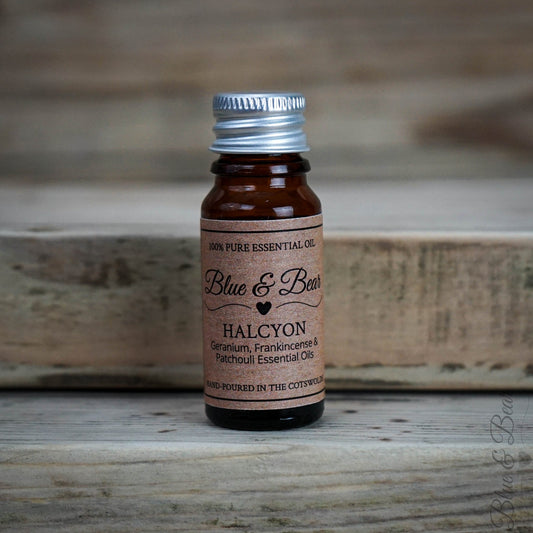 10g Dropper Bottle on shelf - Pure Essential Oil Blend HALCYON - Frankincense, Geranium, and Patchouli - calming and tranquil