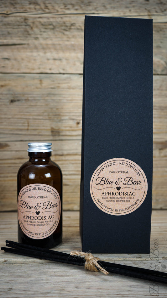 Bottle, Reeds, and Gift Box Natural Reed Diffuser APHRODISIAC - Pepper, Neroli, Ginger, and Nutmeg - intoxicating and sensual