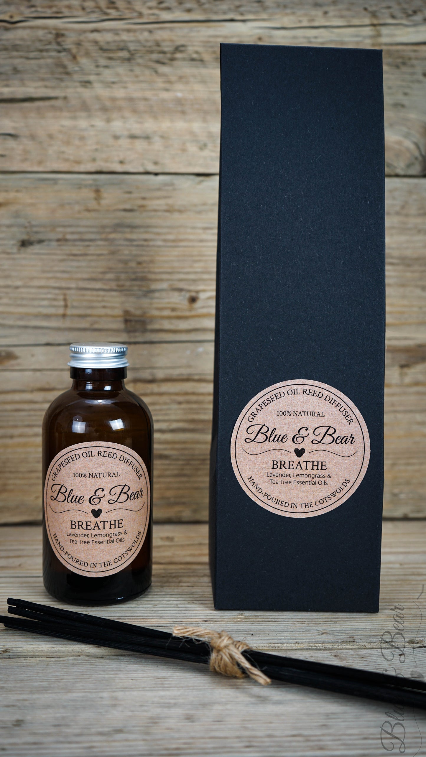 Bottle, Reeds, and Gift Box Natural Reed Diffuser BREATHE - Lavender, Lemongrass, and Tea Tree - refreshing and envigorating