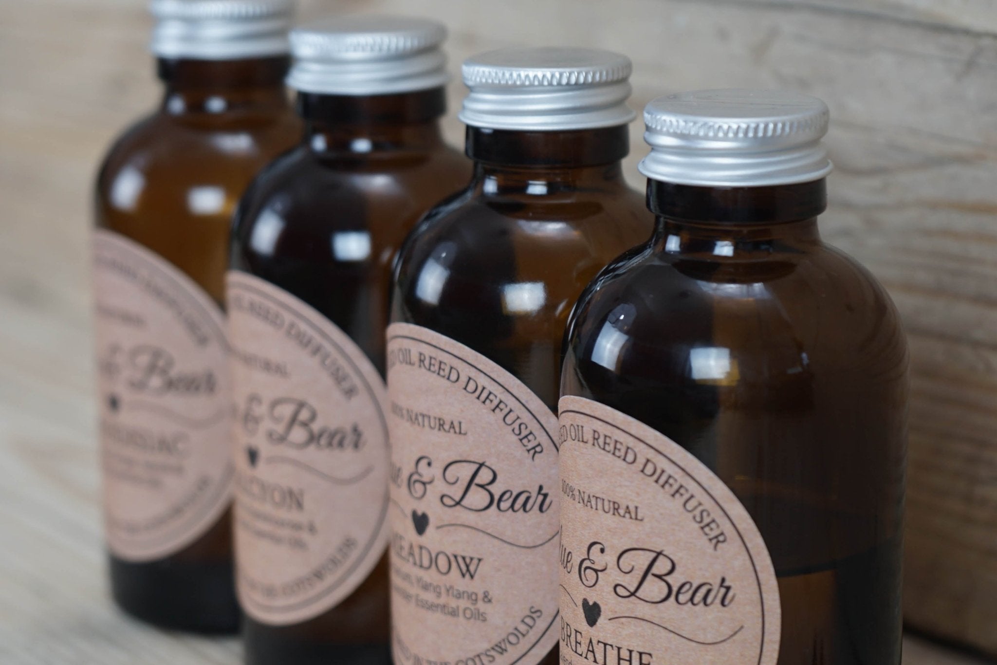 Closeup of Blue & Bear's favourite essential oil reed diffusers in a row