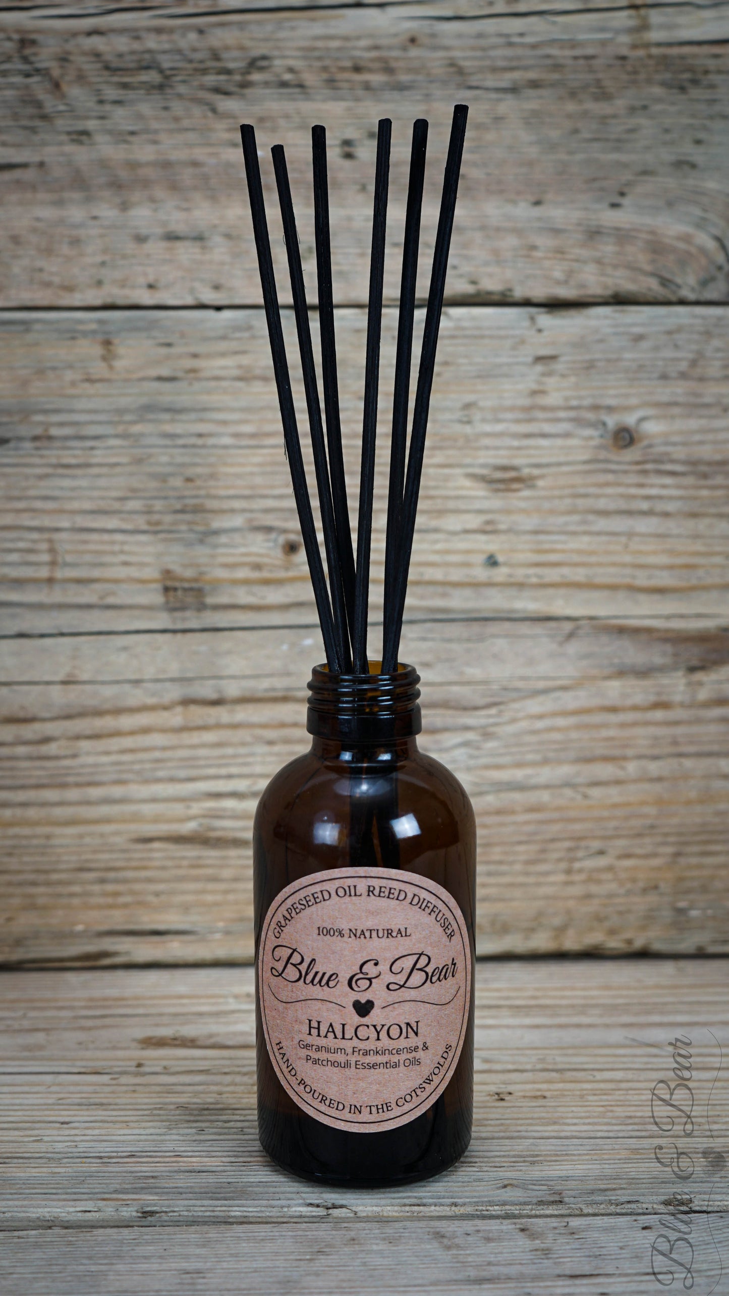 Open Bottle with Reeds Natural Reed Diffuser HALCYON - Frankincense, Geranium, and Patchouli - calming and tranquil