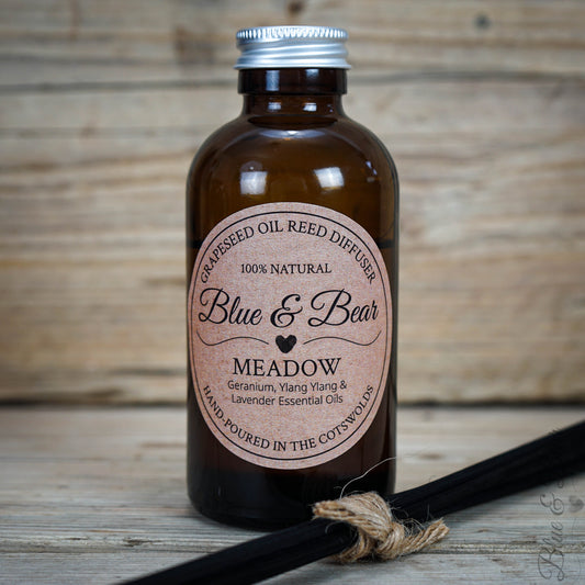 Diffuser Bottle & Reeds Natural Reed Diffuser MEADOW - Geranium, Lavender, and Ylang Ylang - peaceful and uplifting