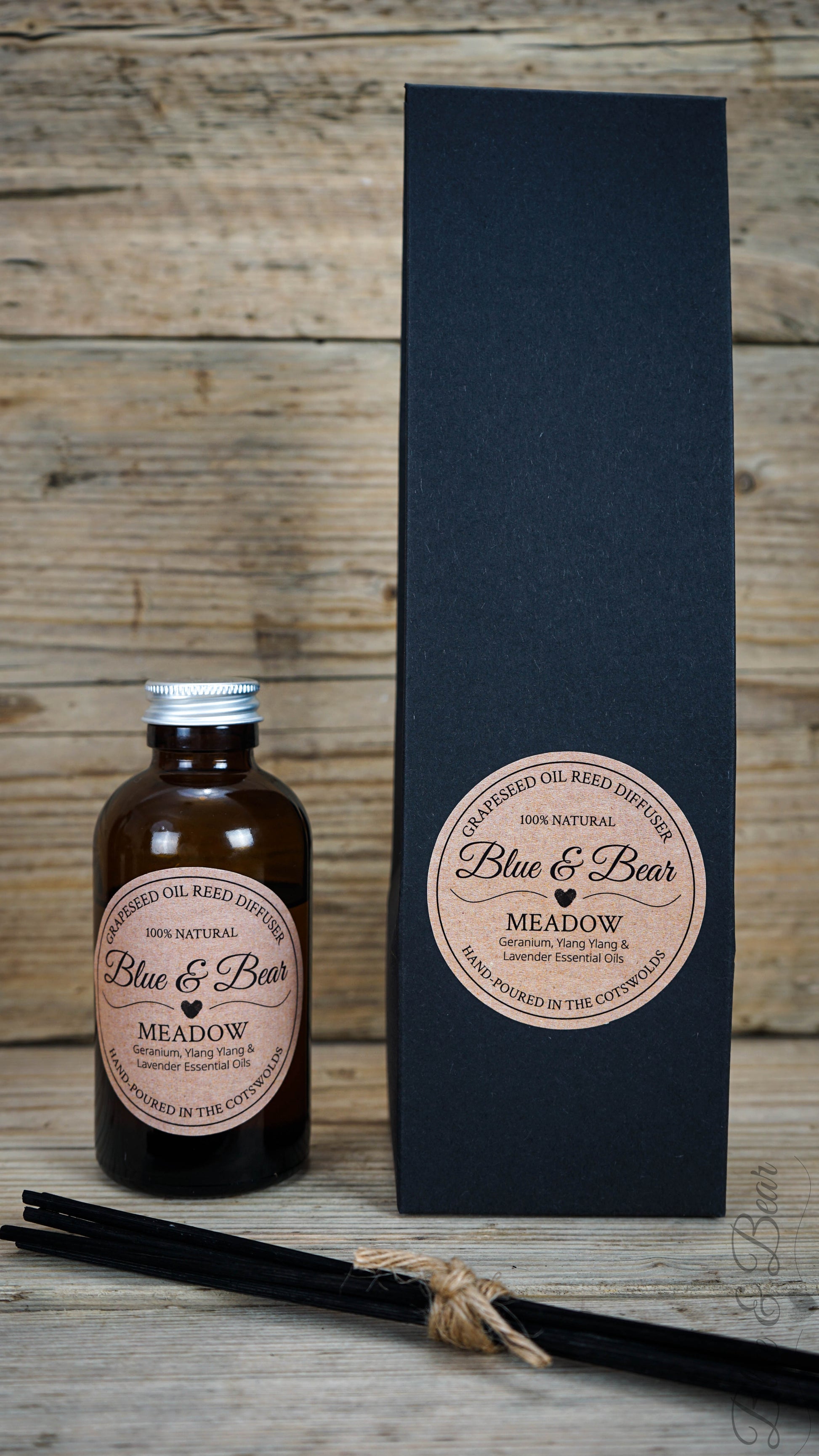 Bottle, Reeds, and Gift Box Natural Reed Diffuser MEADOW - Geranium, Lavender, and Ylang Ylang - peaceful and uplifting