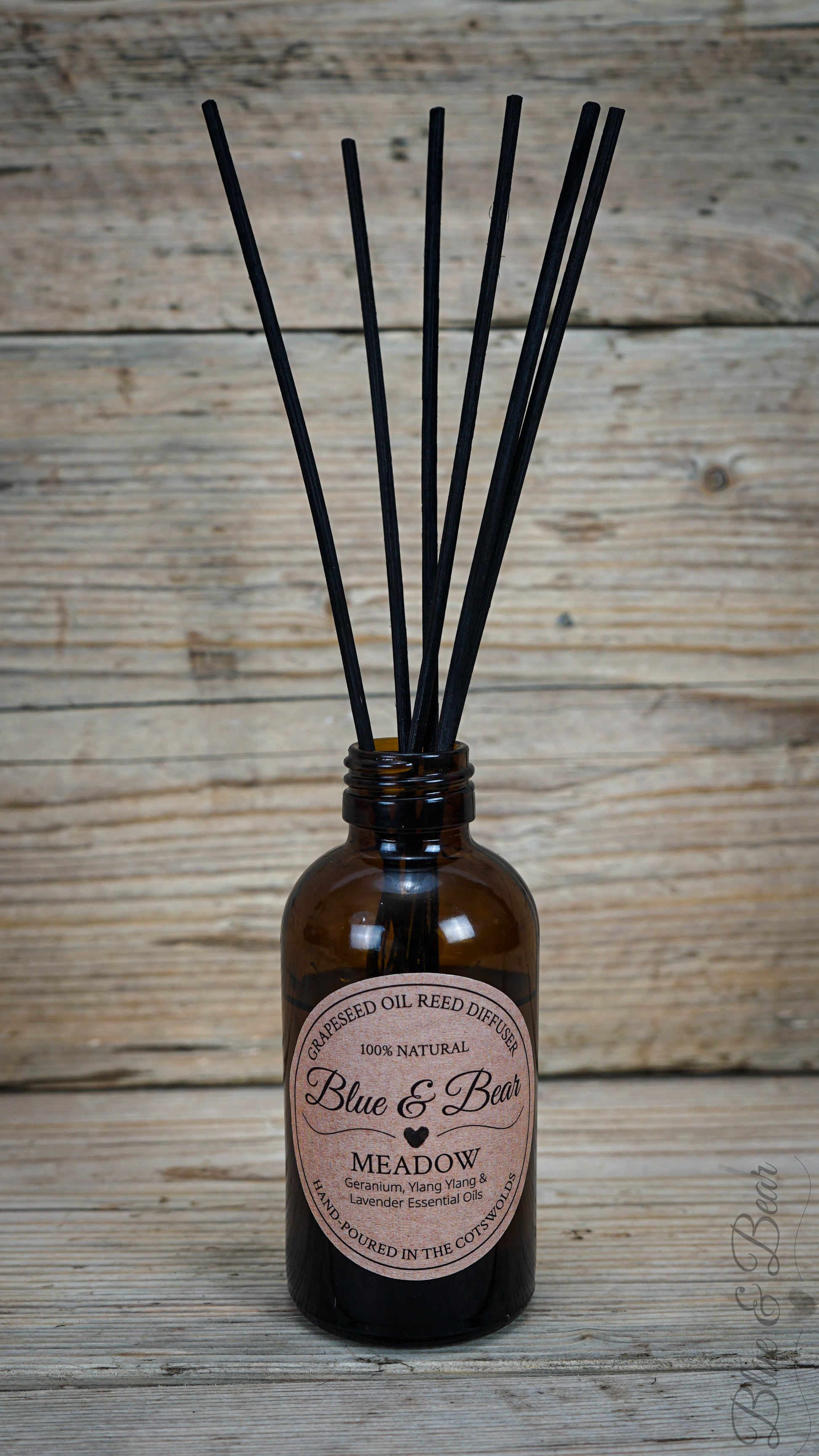Open Bottle with Reeds Natural Reed Diffuser MEADOW - Geranium, Lavender, and Ylang Ylang - peaceful and uplifting