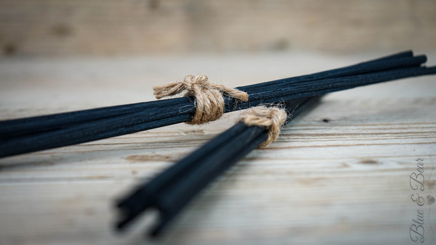 Two bundles of six thick black rattan reeds tied with jute string.  The perfect replacement to refresh your Blue & Bear  Essential Oil Reed Diffuser.