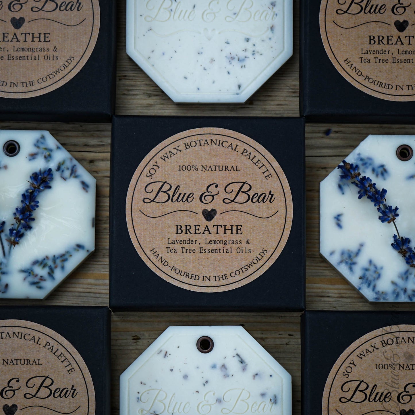 Close-up view Natural Soy Wax Botanical Palette BREATHE - Lavender, Lemongrass, Tea Tree - refreshing and envigorating