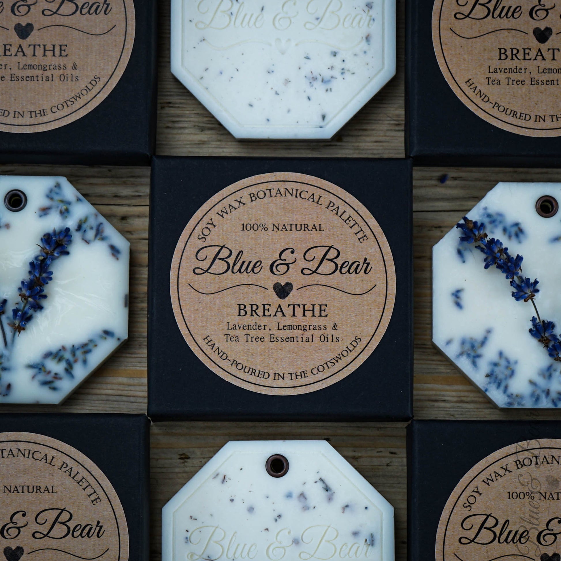 Close-up view Natural Soy Wax Botanical Palette BREATHE - Lavender, Lemongrass, Tea Tree - refreshing and envigorating