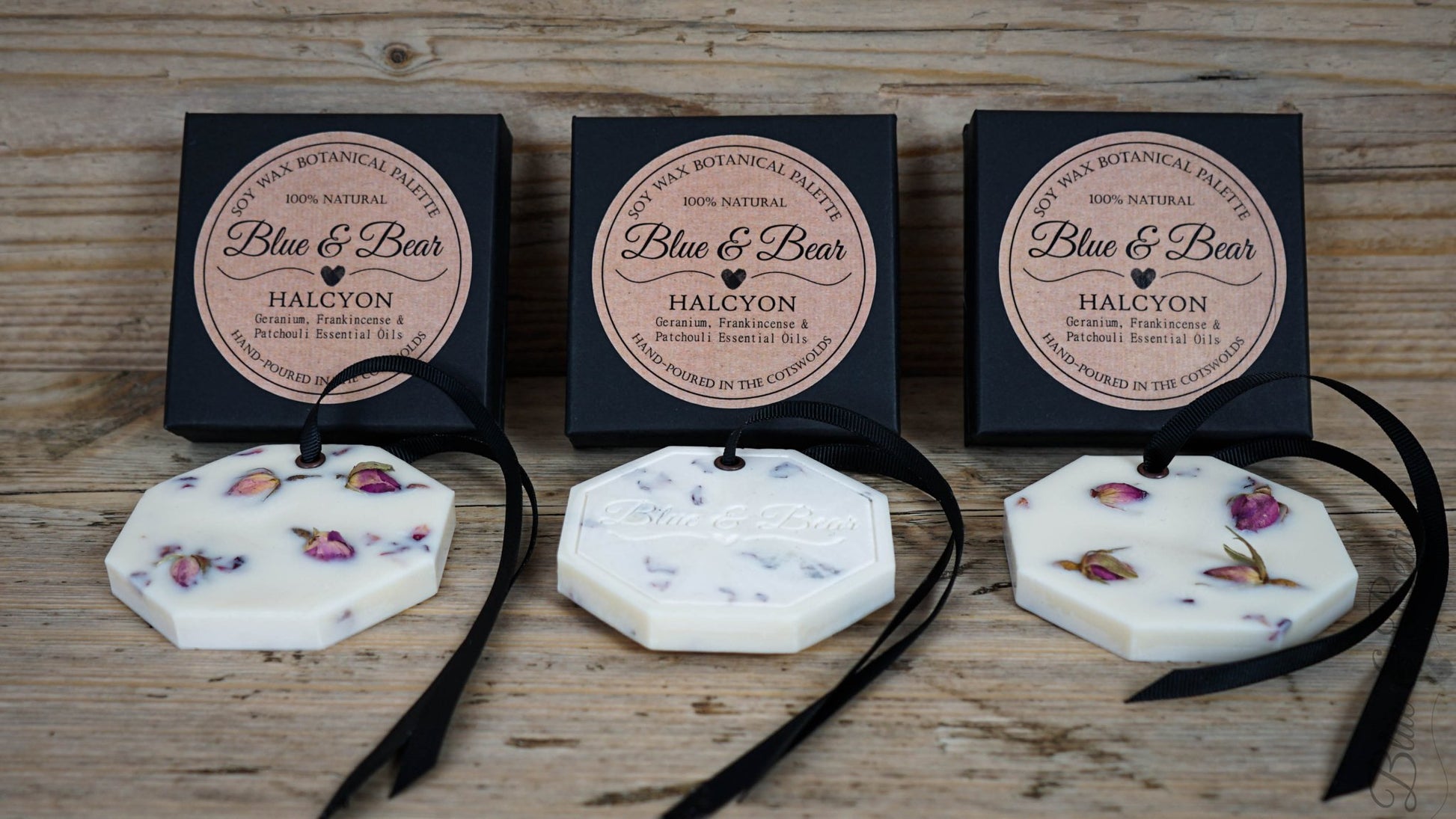 3 in a row Natural Soy Wax Botanical Palette HALCYON - Frankincense, Geranium, Patchouli - calming and tranquil