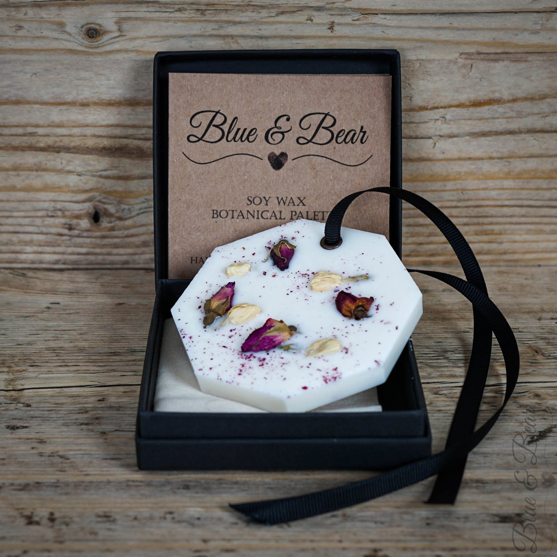 Natural Soy Wax Botanical Palette MEADOW - Geranium, Lavender, Ylang Ylang - rear view on open gift box 