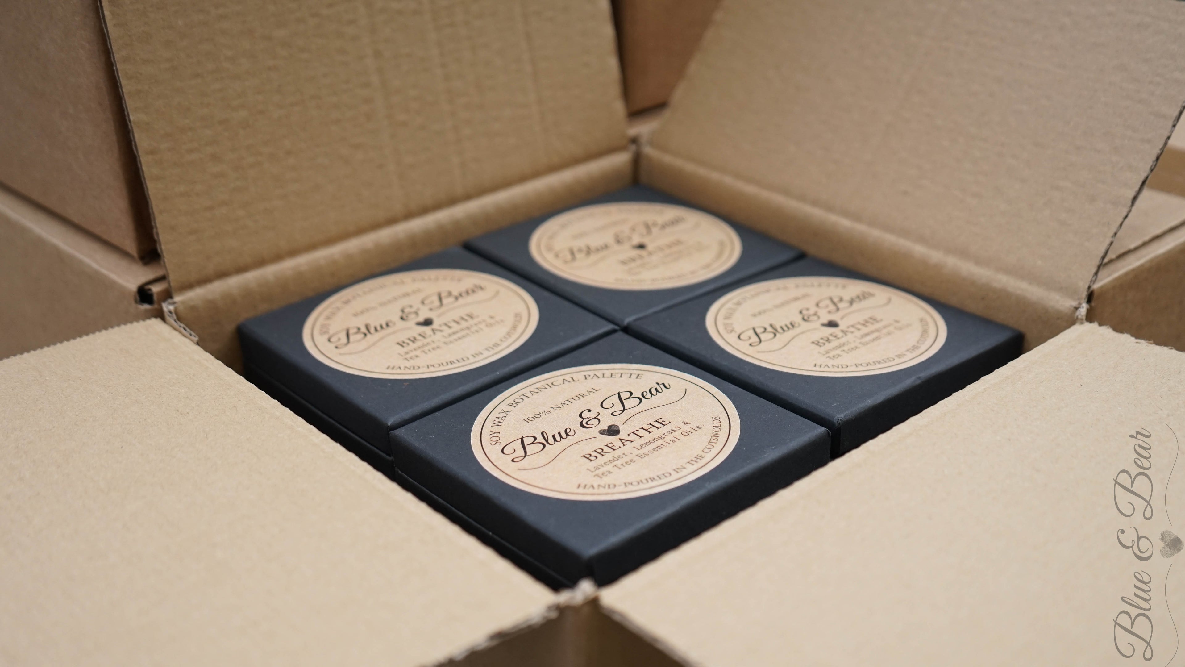An open case of Blue & Bear Botanical Palettes with other cases ready for a bulk order Wholesale delivery.  Attractive margins for resellers.