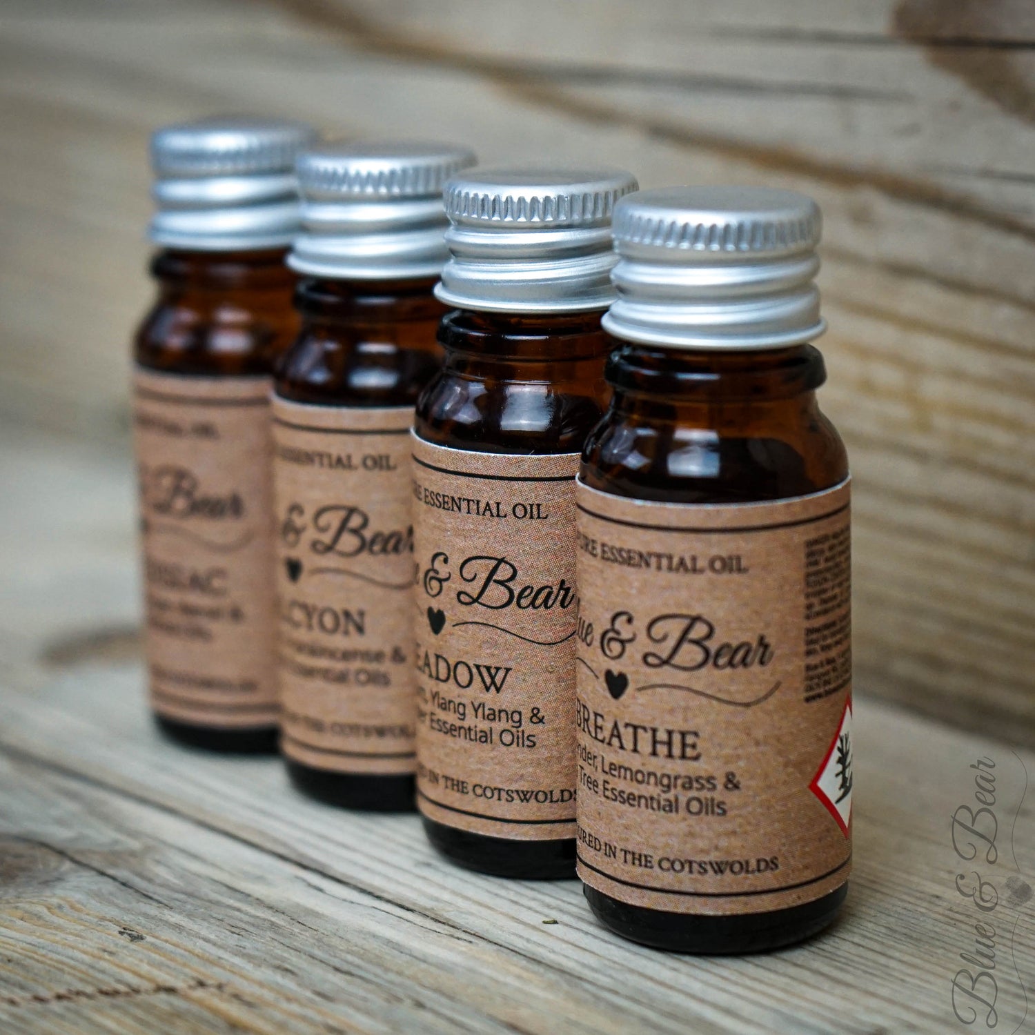 Four 10g dropper bottles of Blue & Bear Pure Essential Oil Blends in a row.  Luxury oils, with numerous uses to fragrance your home
