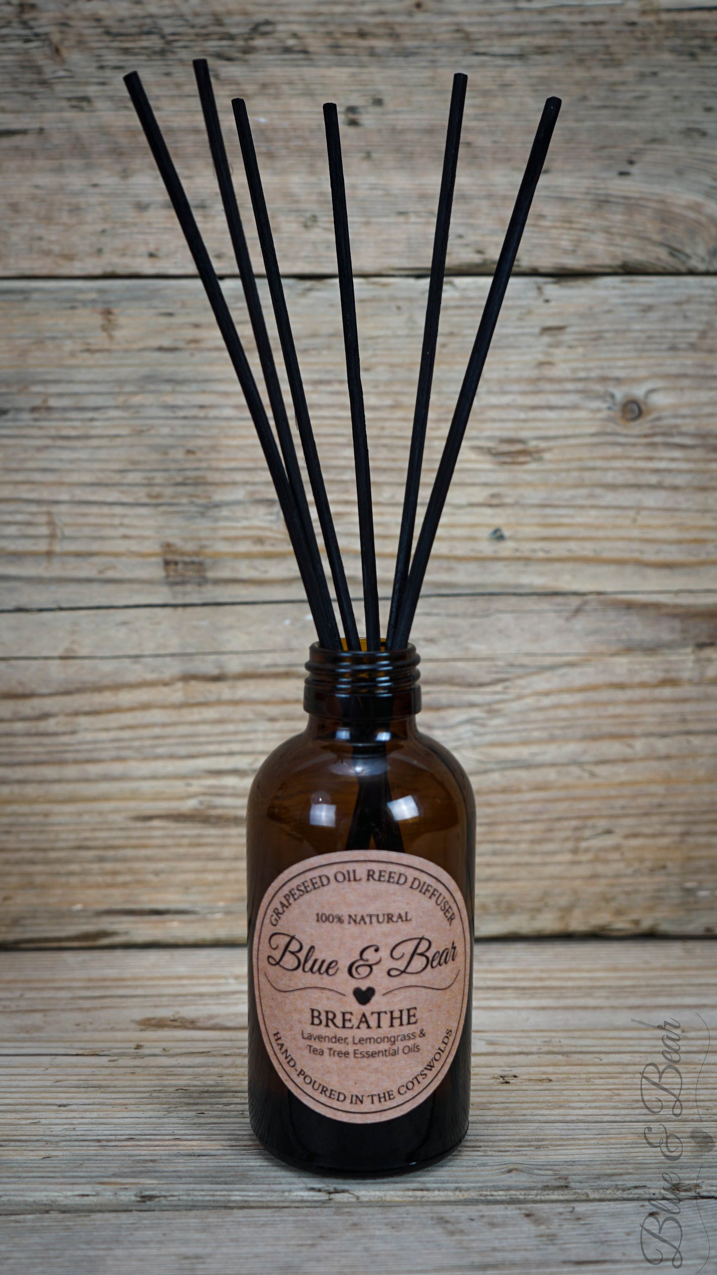 Open Bottle with Reeds Natural Reed Diffuser BREATHE - Lavender, Lemongrass, and Tea Tree - refreshing and envigorating
