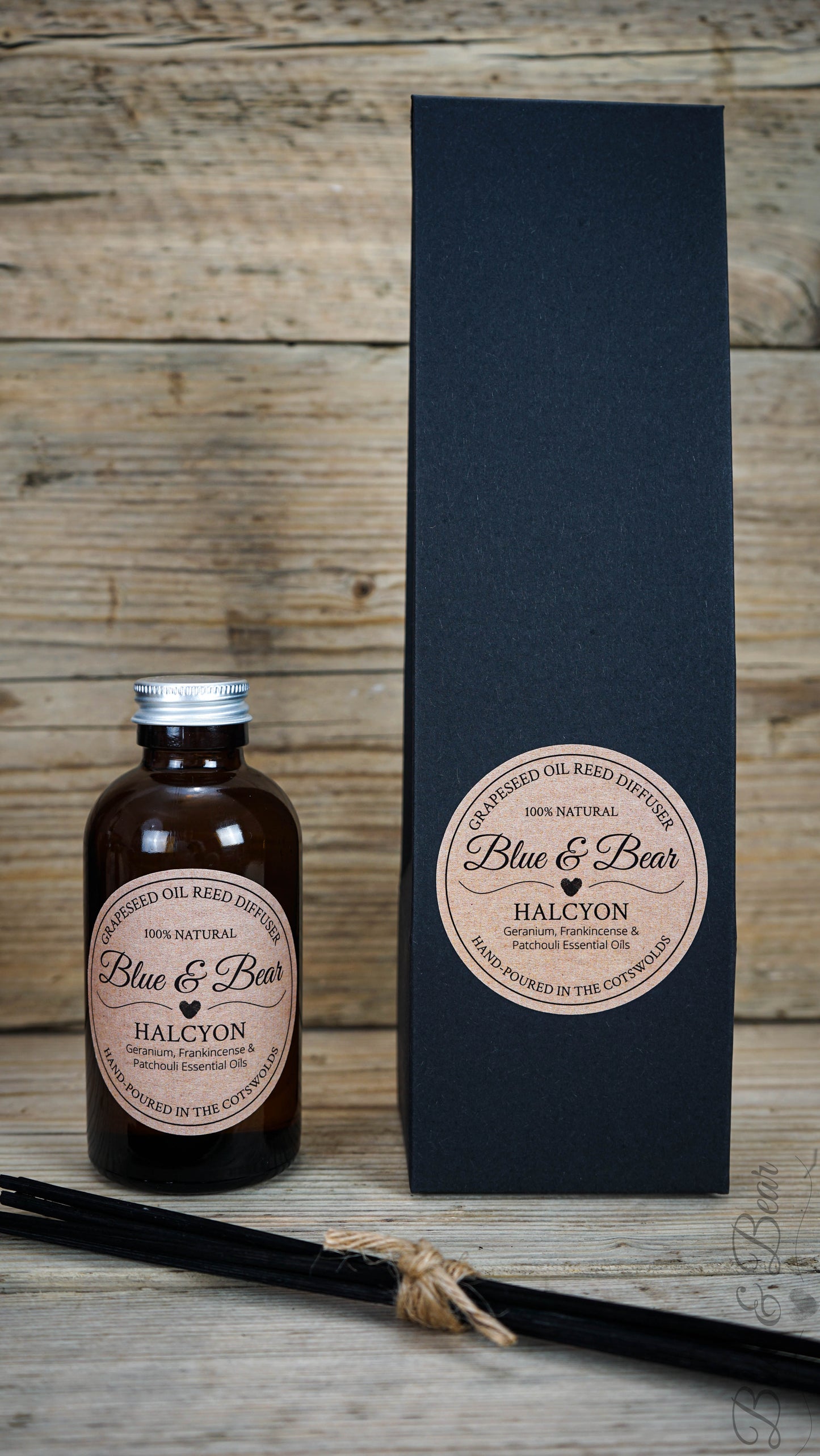 Bottle, Reeds, and Gift Box Natural Reed Diffuser HALCYON - Frankincense, Geranium, and Patchouli - calming and tranquil
